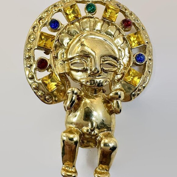 Vintage Brooch, Aztec, Mayan, Sun God, Gold Plated, Jeweled, 1980s, Headress - Picture 2 of 3